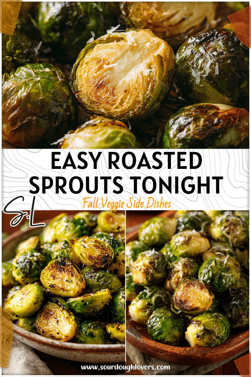 Golden roasted Brussels sprouts topped with melted parmesan served on a rustic dish.